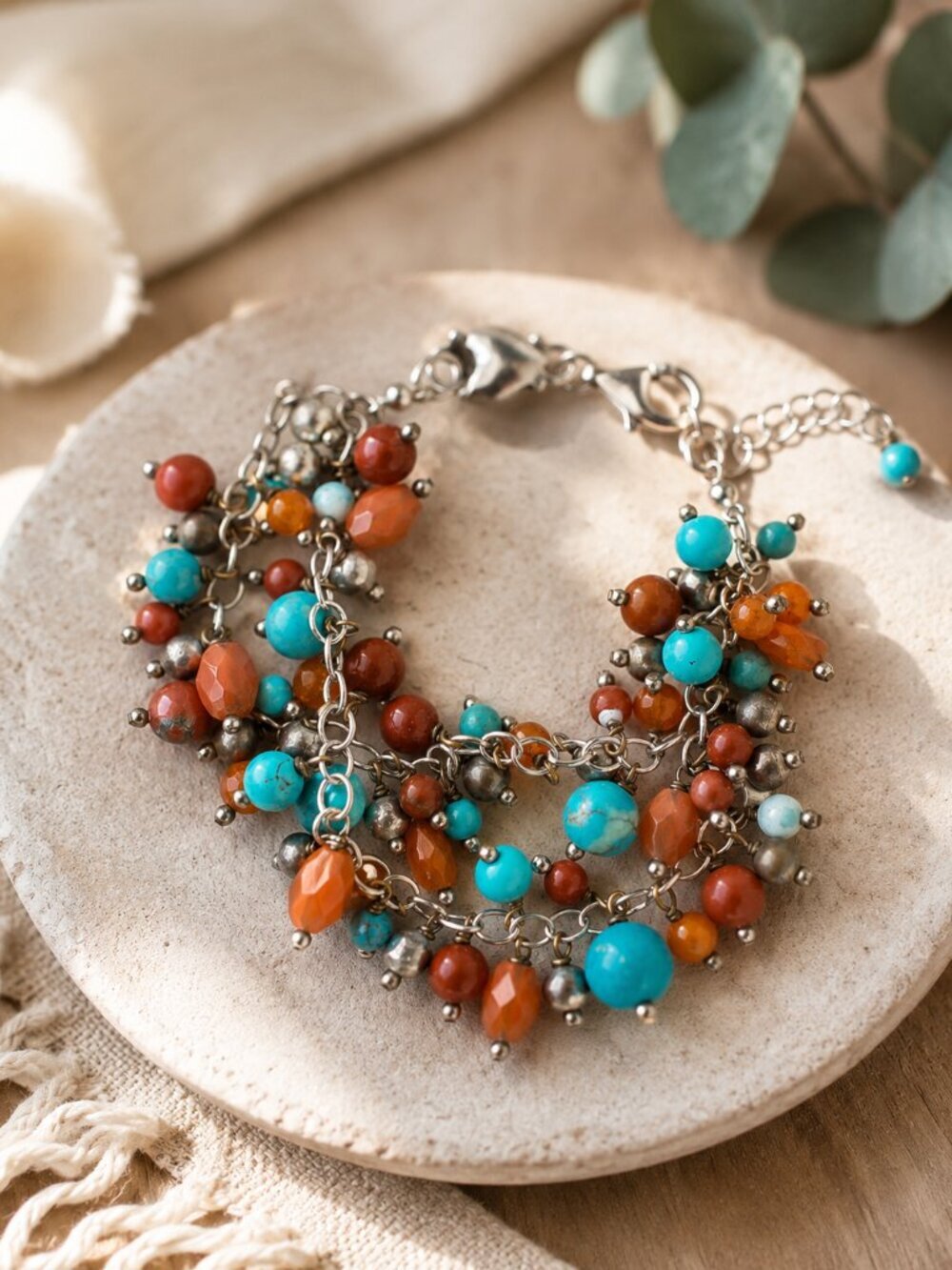 Sterling Silver Turquoise Carnelian Red Jasper Gemstone Charm Bracelet 925